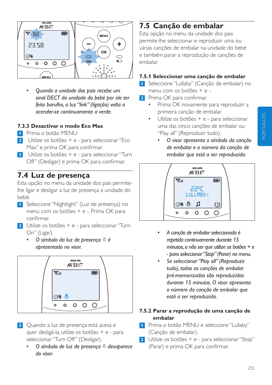 5 canção de embalar, 4 luz de presença | Philips AVENT Écoute-bébé DECT User Manual | Page 255 / 328