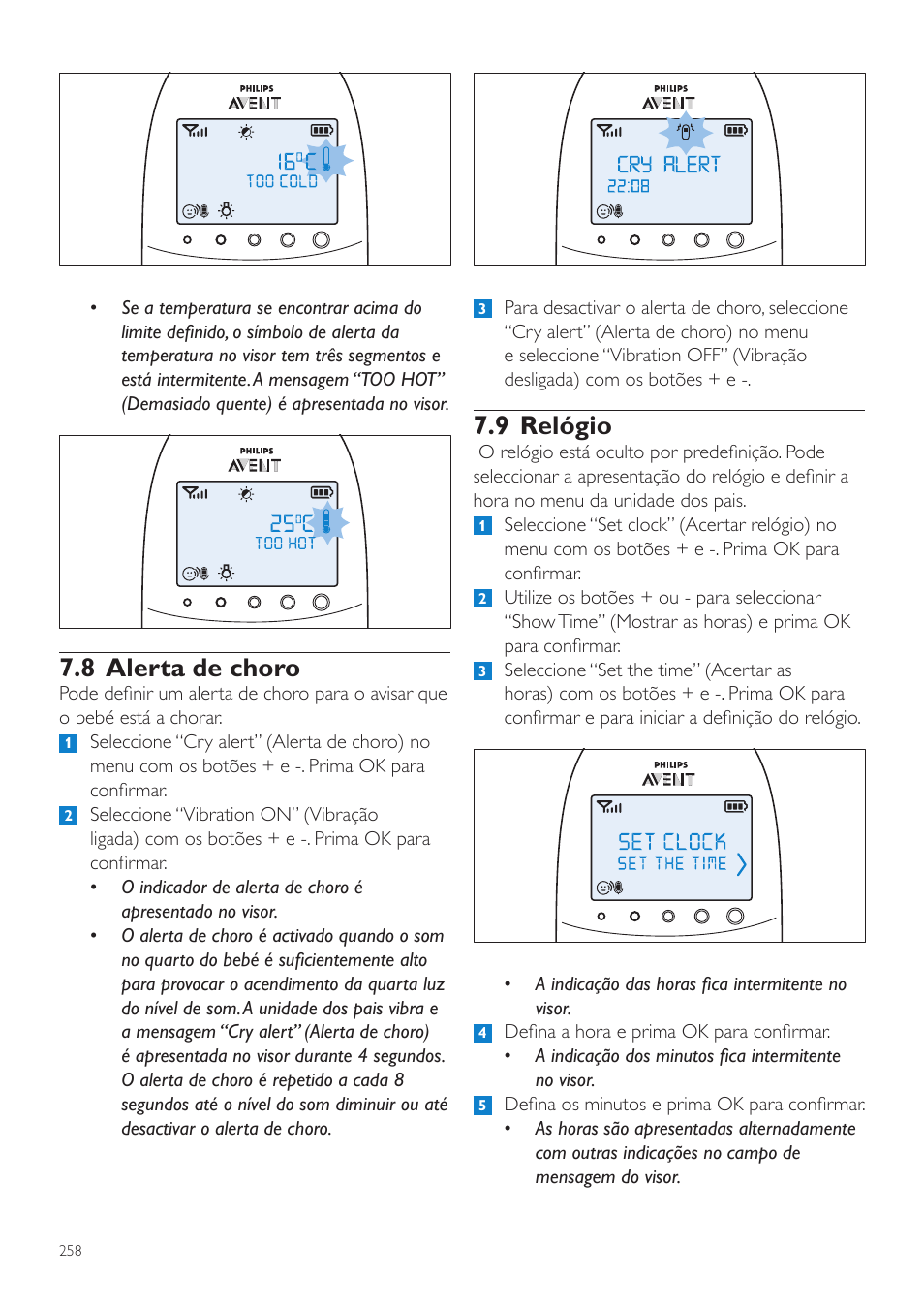 9 relógio, 8 alerta de choro | Philips AVENT Écoute-bébé DECT User Manual | Page 258 / 328