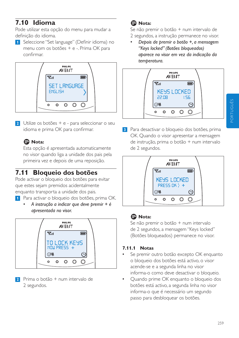 10 idioma, 11 bloqueio dos botões | Philips AVENT Écoute-bébé DECT User Manual | Page 259 / 328