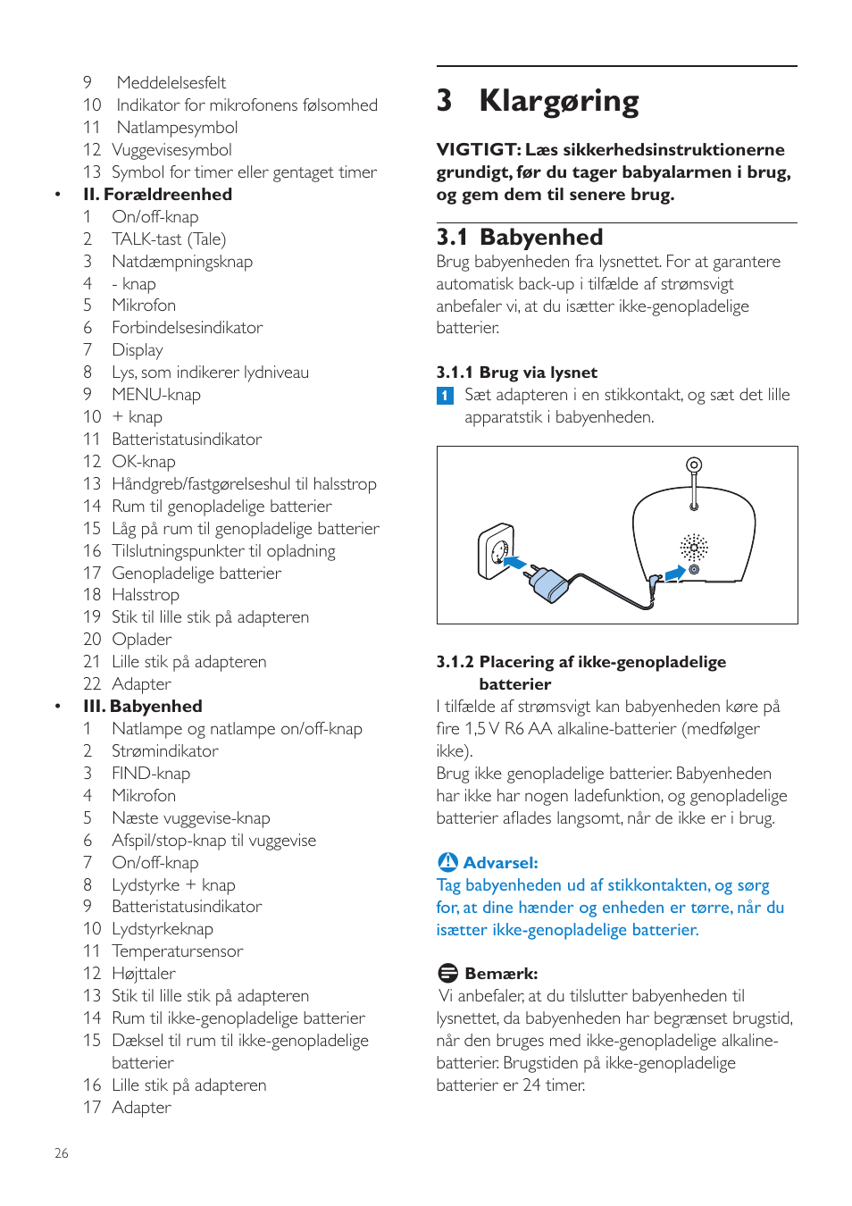 3 klargøring, 1 babyenhed | Philips AVENT Écoute-bébé DECT User Manual | Page 26 / 328