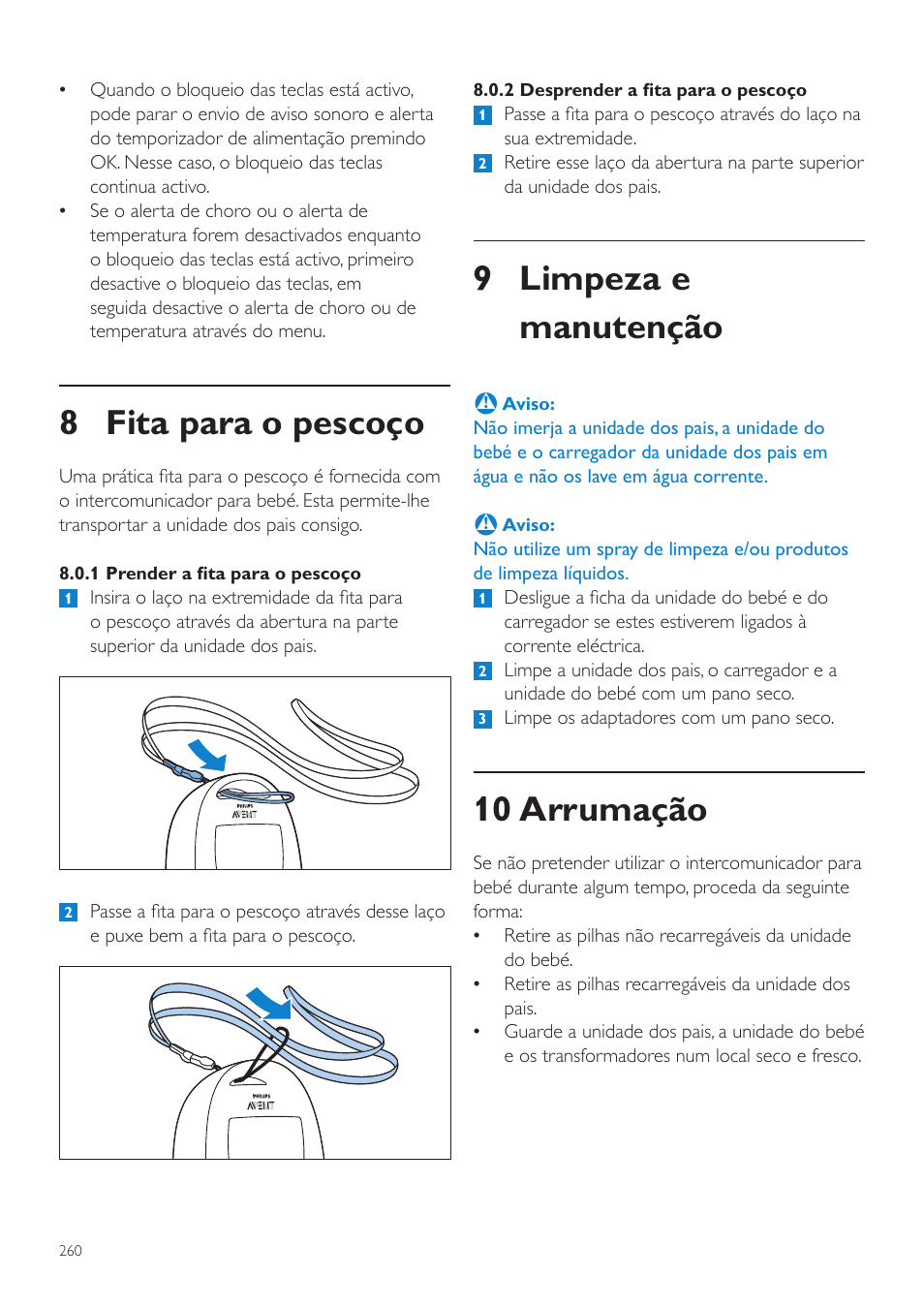 9 limpeza e manutenção, 10 arrumação, 8 fita para o pescoço | Philips AVENT Écoute-bébé DECT User Manual | Page 260 / 328