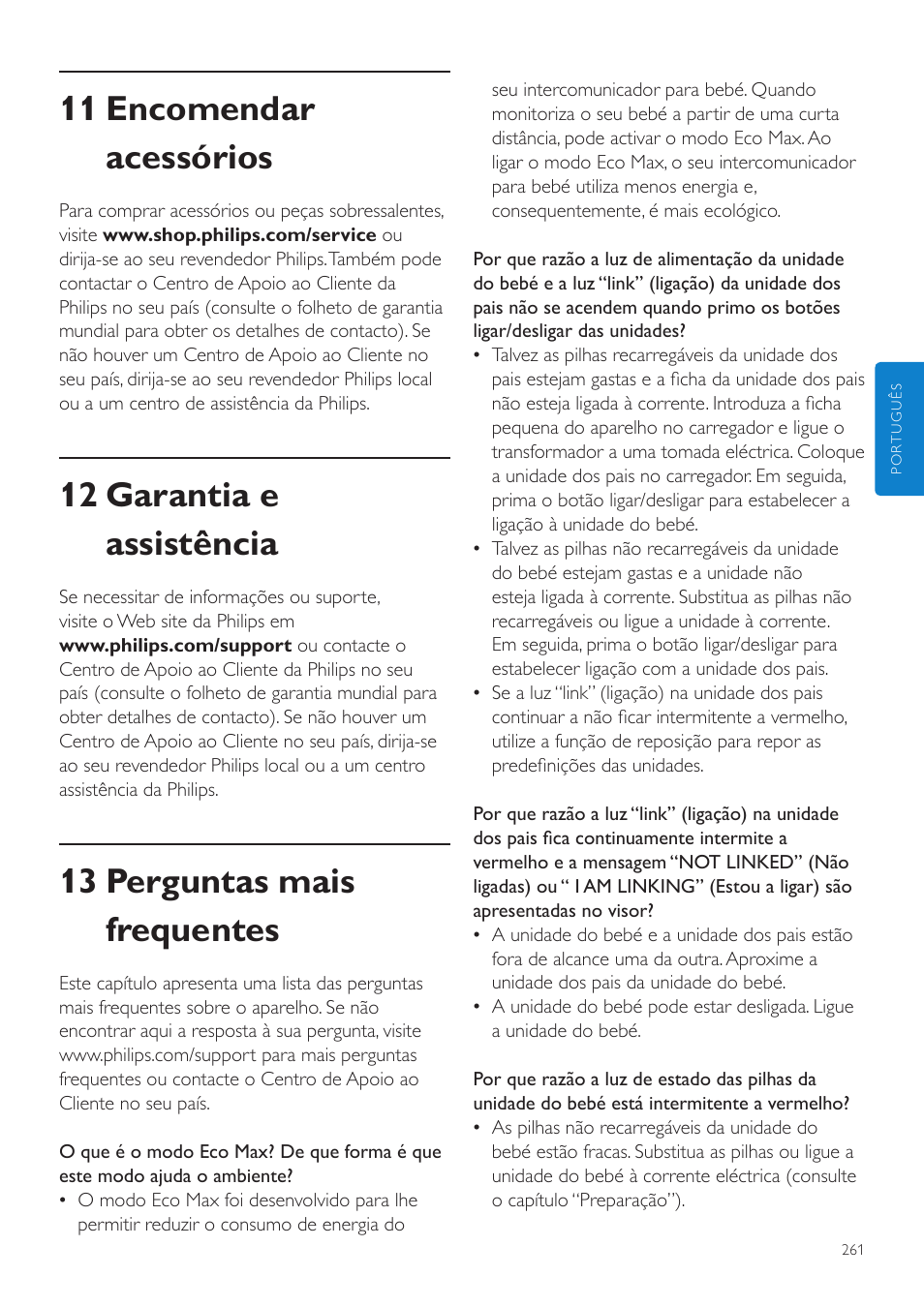 11 encomendar acessórios, 12 garantia e assistência, 13 perguntas mais frequentes | Philips AVENT Écoute-bébé DECT User Manual | Page 261 / 328