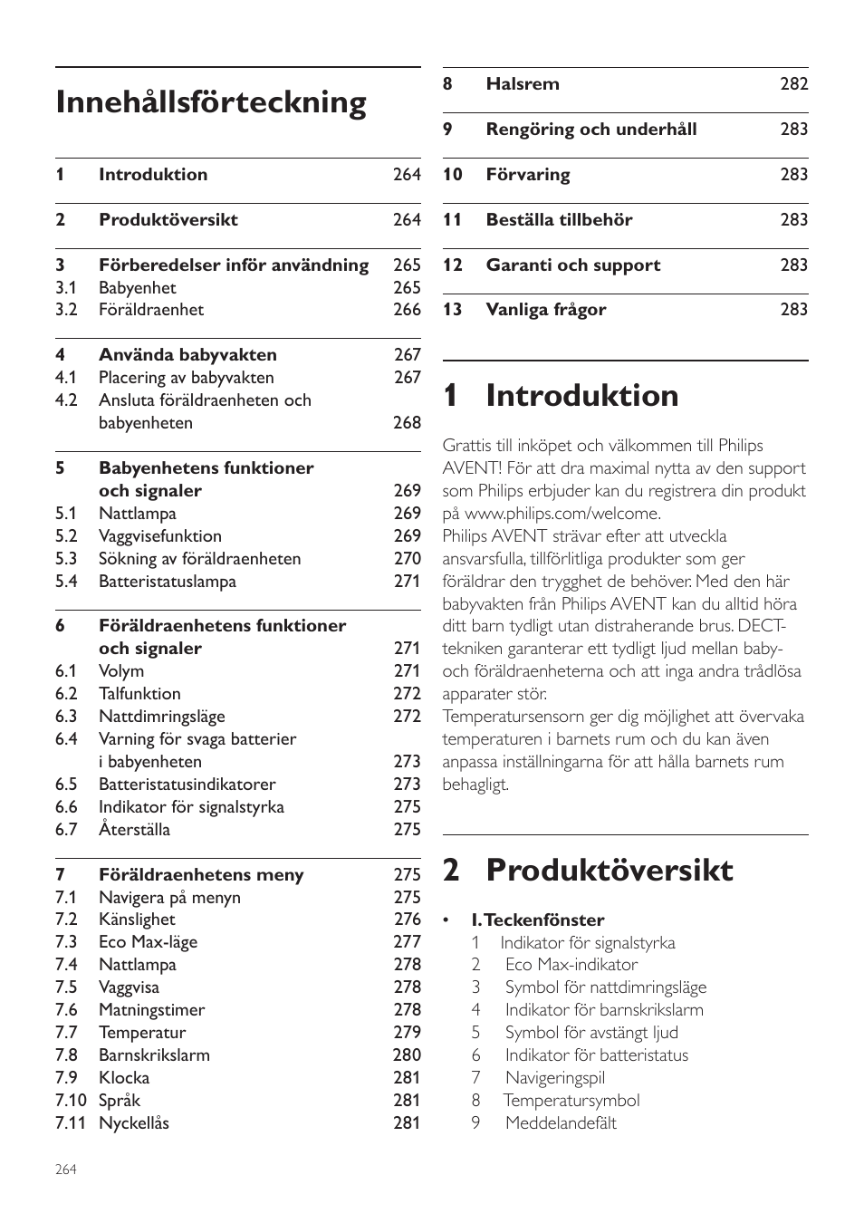 Användarhandbok, 1 introduktion, 2 produktöversikt | Innehållsförteckning | Philips AVENT Écoute-bébé DECT User Manual | Page 264 / 328