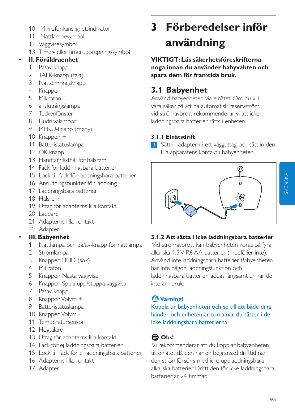 Svenska, 3 förberedelser inför användning, 1 babyenhet | Philips AVENT Écoute-bébé DECT User Manual | Page 265 / 328