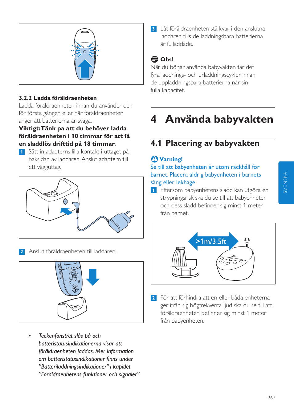 4 använda babyvakten, 1 placering av babyvakten | Philips AVENT Écoute-bébé DECT User Manual | Page 267 / 328