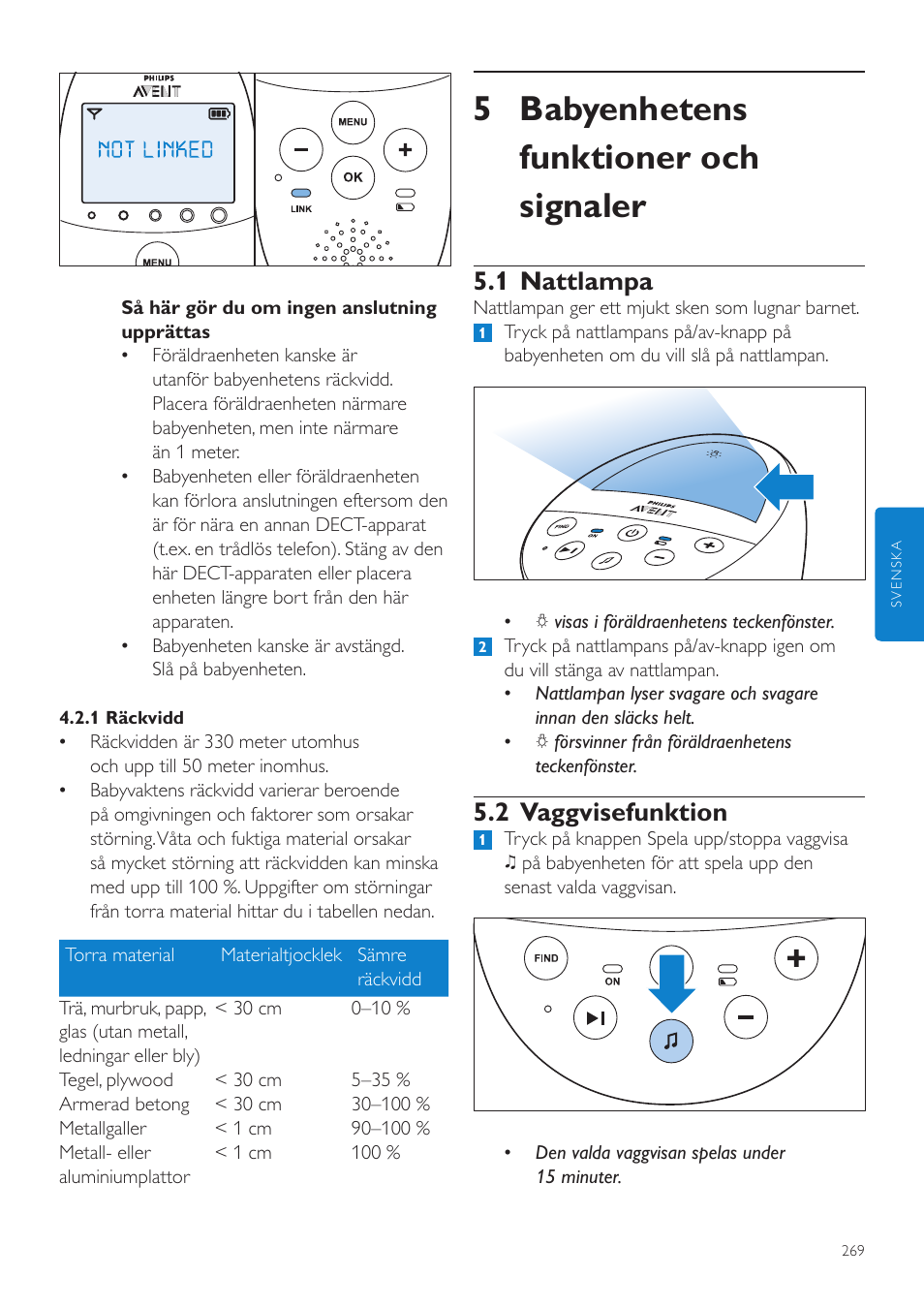 5 babyenhetens funktioner och signaler, 1 nattlampa, 2 vaggvisefunktion | Philips AVENT Écoute-bébé DECT User Manual | Page 269 / 328