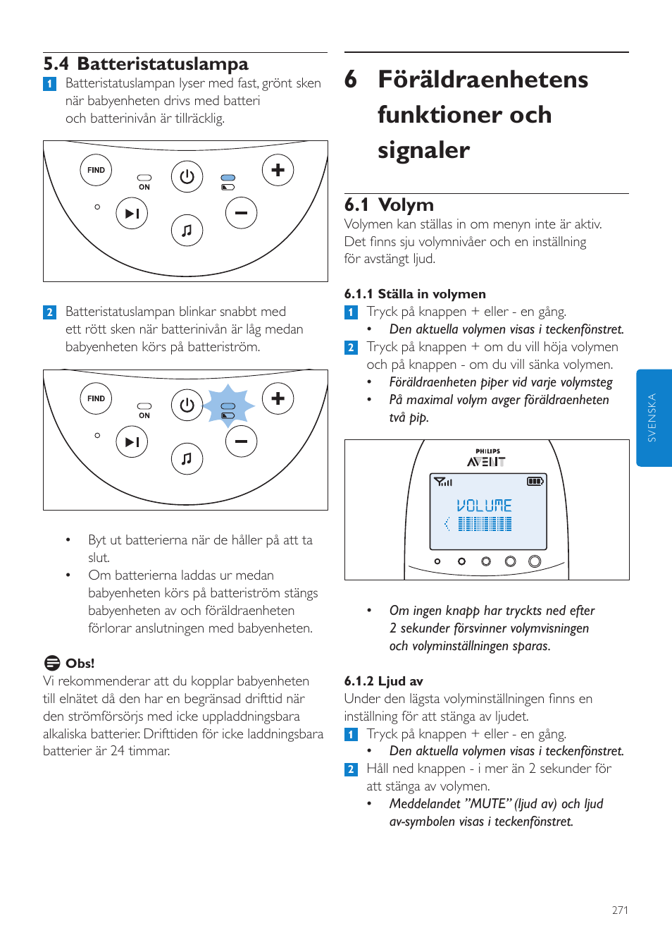 6 föräldraenhetens funktioner och signaler, 1 volym, 4 batteristatuslampa | Philips AVENT Écoute-bébé DECT User Manual | Page 271 / 328