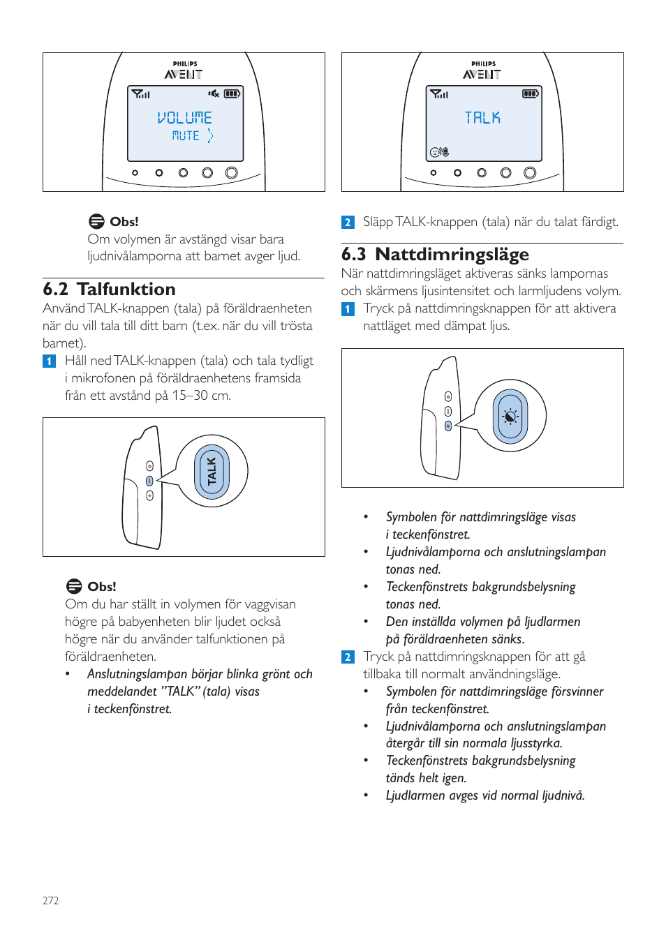 3 nattdimringsläge, 2 talfunktion | Philips AVENT Écoute-bébé DECT User Manual | Page 272 / 328