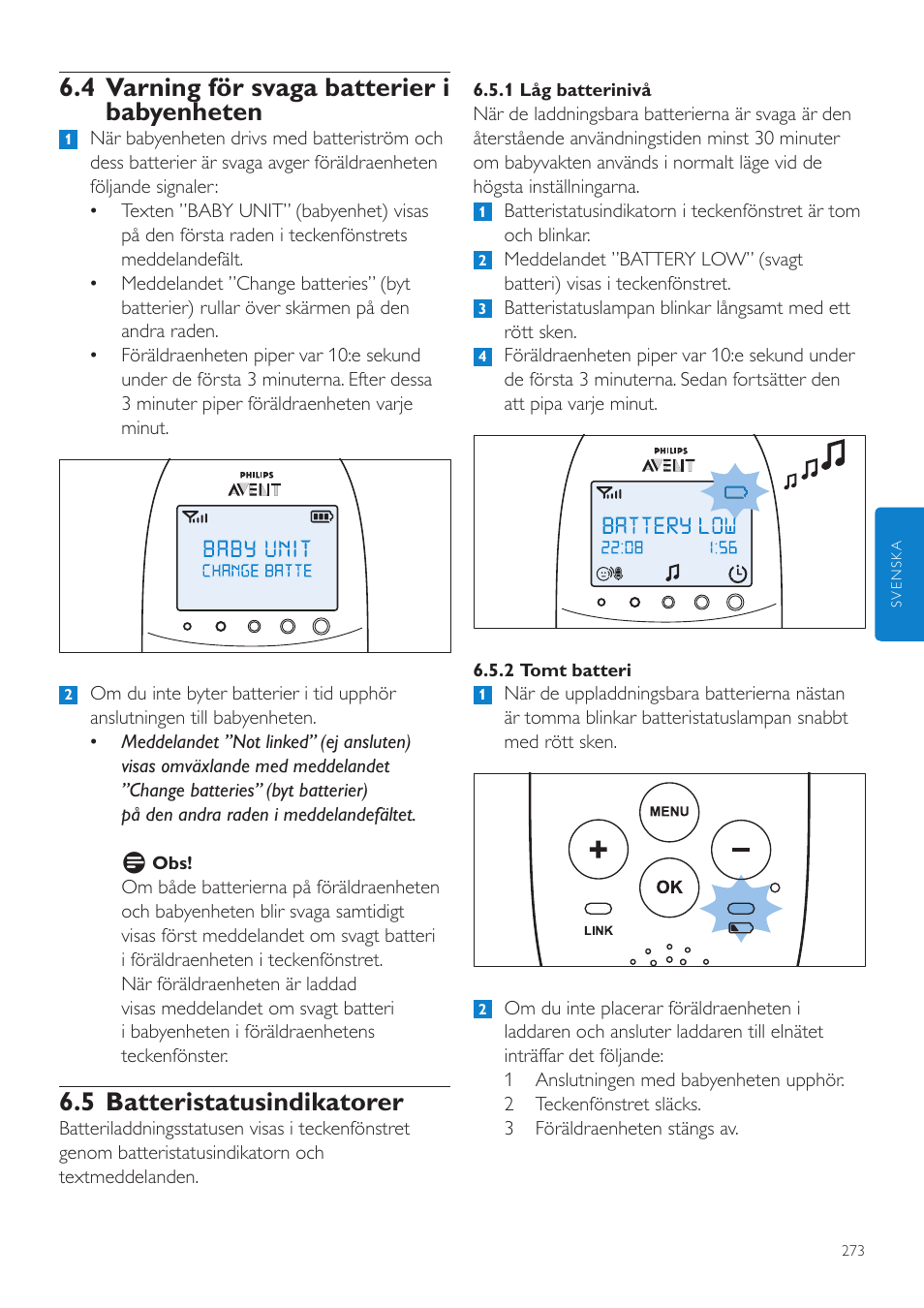 4 varning för svaga batterier i babyenheten, 5 batteristatusindikatorer | Philips AVENT Écoute-bébé DECT User Manual | Page 273 / 328