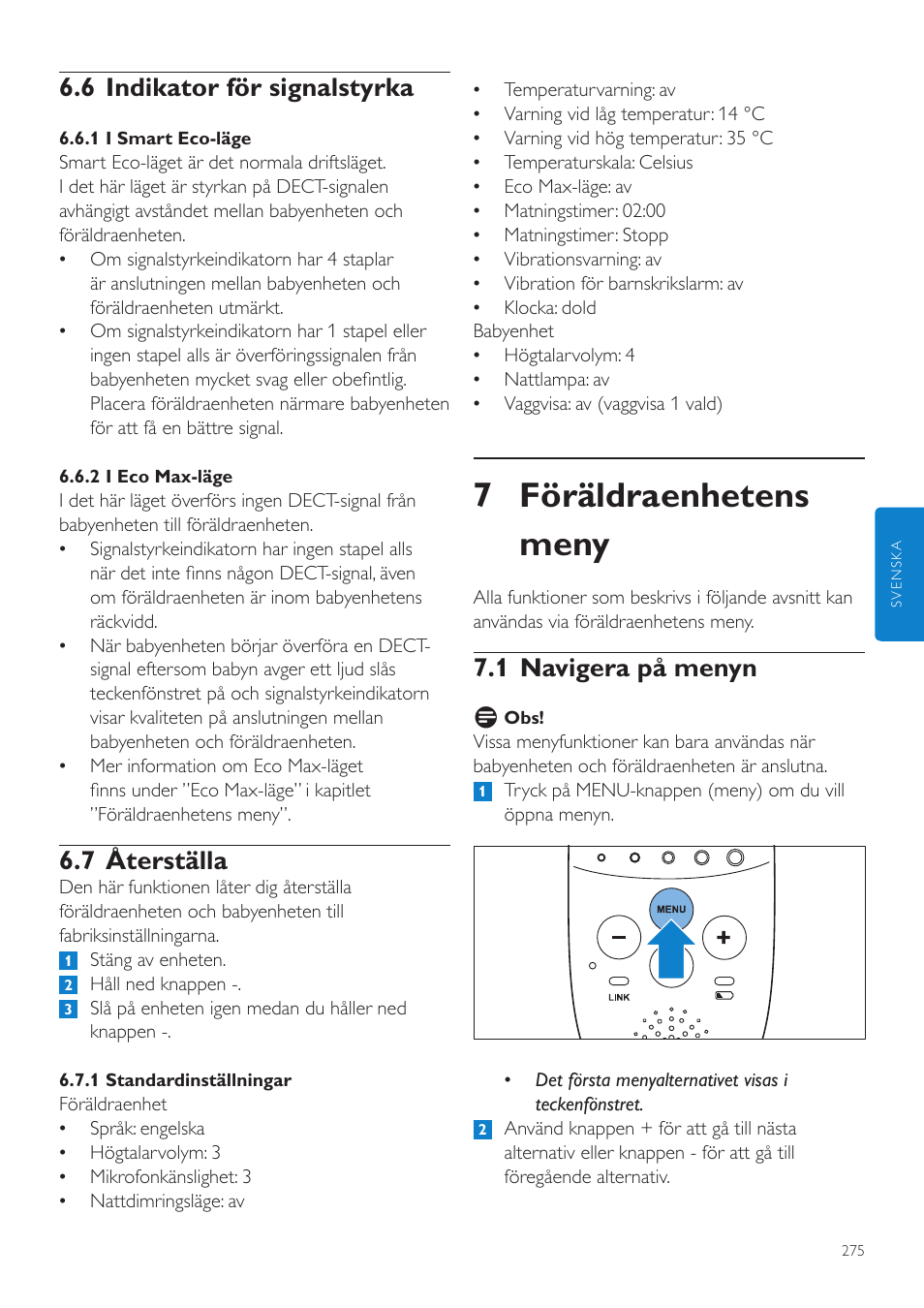 7 föräldraenhetens meny, 1 navigera på menyn, 6 indikator för signalstyrka | 7 återställa | Philips AVENT Écoute-bébé DECT User Manual | Page 275 / 328