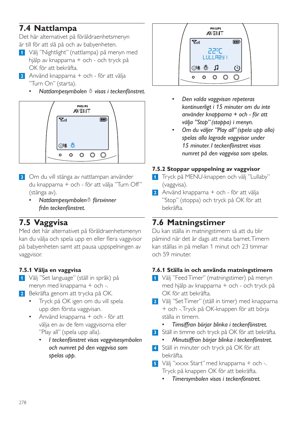 6 matningstimer, 4 nattlampa, 5 vaggvisa | Philips AVENT Écoute-bébé DECT User Manual | Page 278 / 328