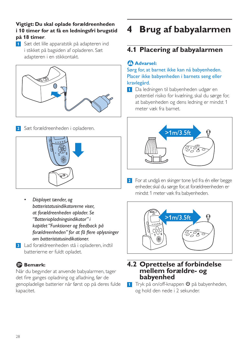 4 brug af babyalarmen, 1 placering af babyalarmen | Philips AVENT Écoute-bébé DECT User Manual | Page 28 / 328