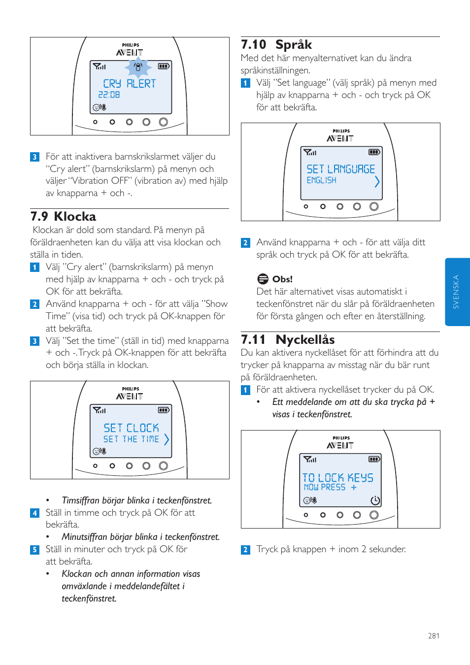 10 språk, 11 nyckellås, 9 klocka | Philips AVENT Écoute-bébé DECT User Manual | Page 281 / 328