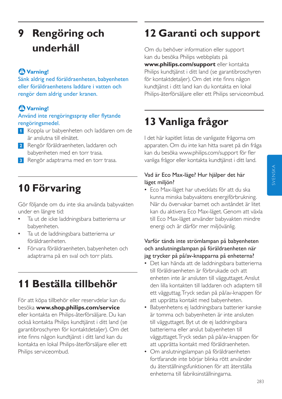 12 garanti och support, 13 vanliga frågor, 9 rengöring och underhåll | 10 förvaring, 11 beställa tillbehör | Philips AVENT Écoute-bébé DECT User Manual | Page 283 / 328