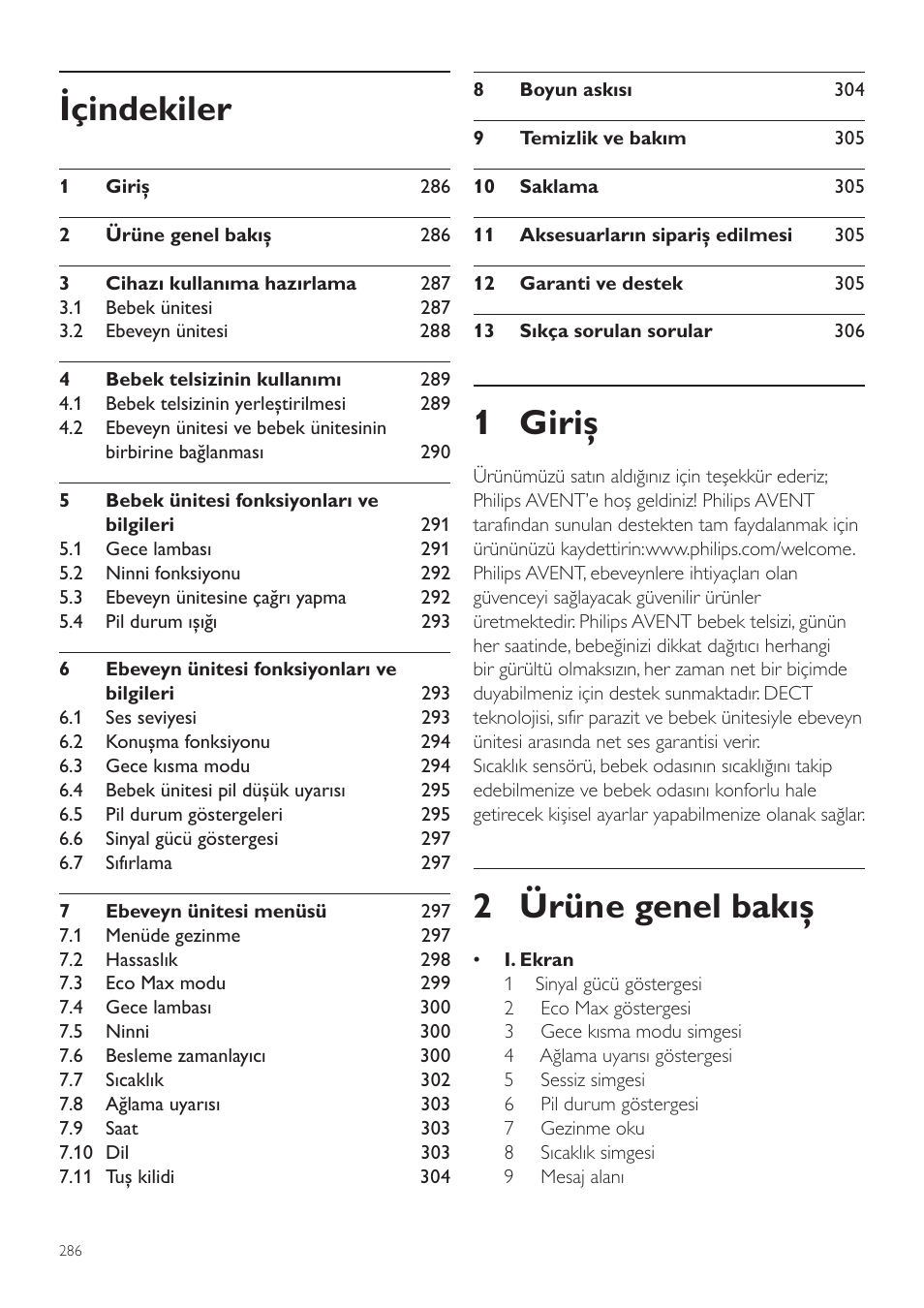 Kullanım kılavuzu, 1 giriş, 2 ürüne genel bakış | Içindekiler | Philips AVENT Écoute-bébé DECT User Manual | Page 286 / 328