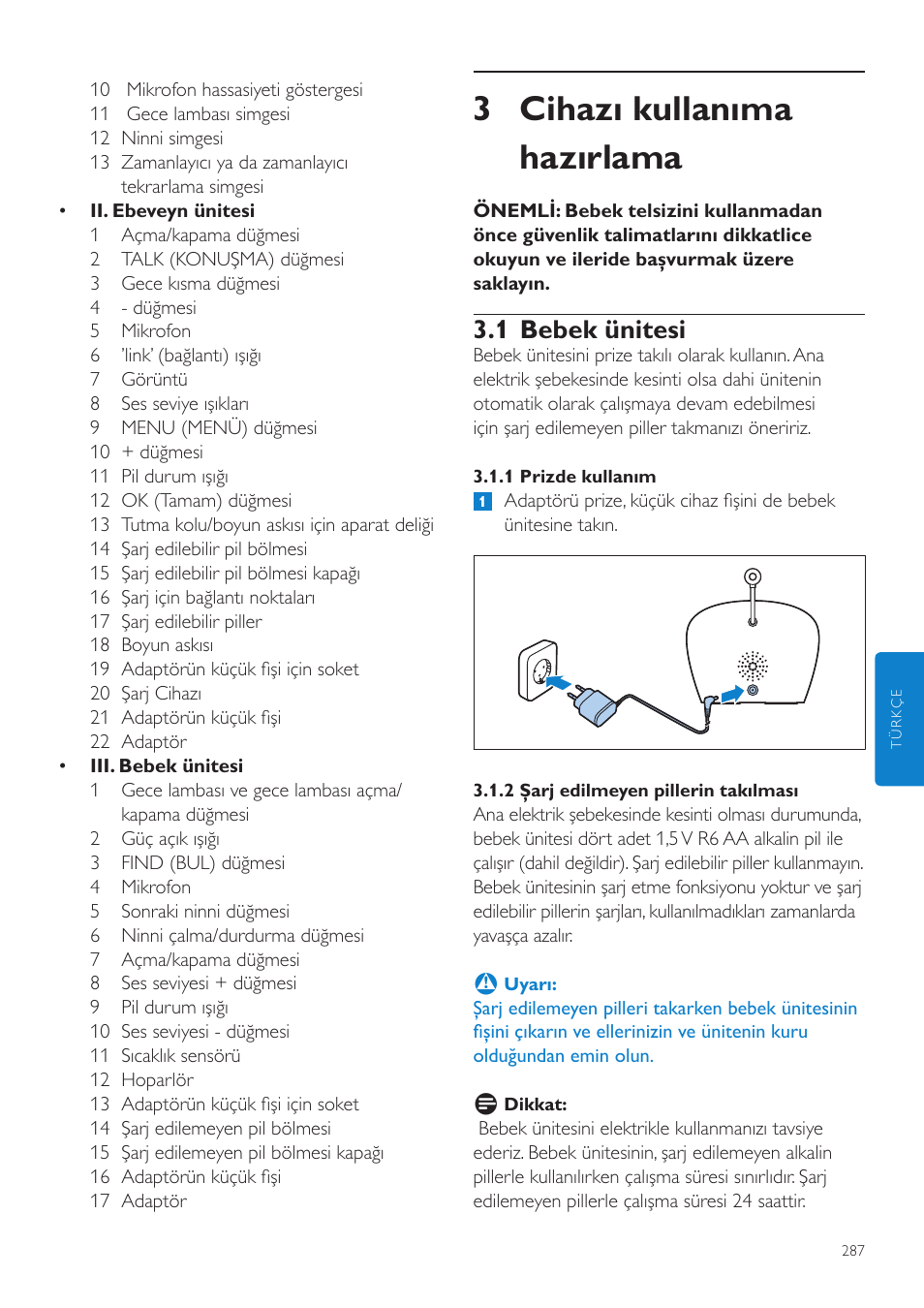 Türkçe, 3 cihazı kullanıma hazırlama, 1 bebek ünitesi | Philips AVENT Écoute-bébé DECT User Manual | Page 287 / 328