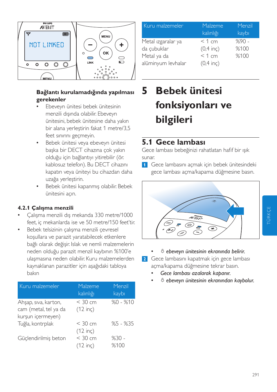 5 bebek ünitesi fonksiyonları ve bilgileri, 1 gece lambası | Philips AVENT Écoute-bébé DECT User Manual | Page 291 / 328