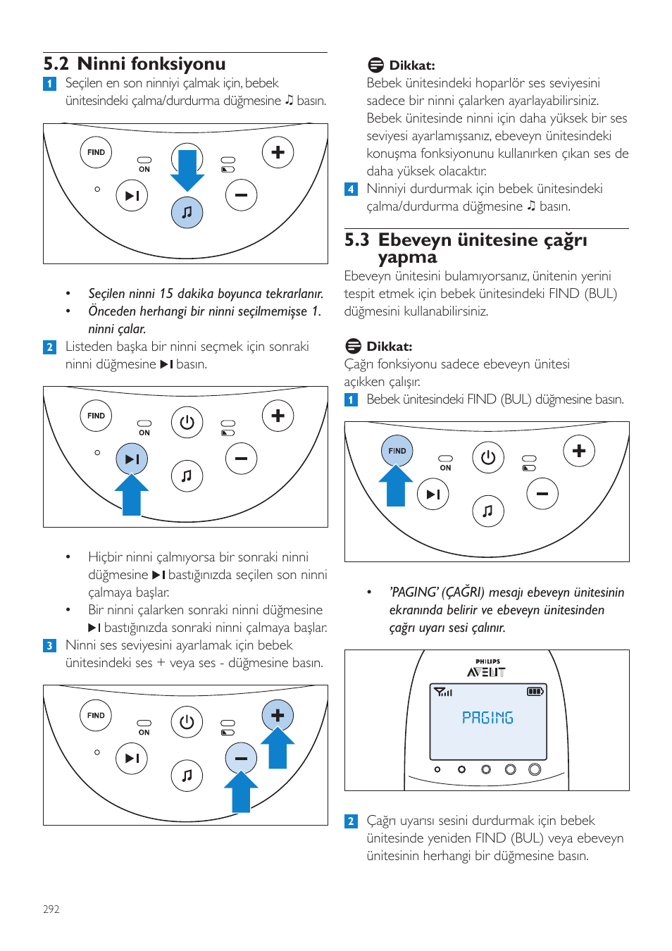 3 ebeveyn ünitesine çağrı yapma, 2 ninni fonksiyonu | Philips AVENT Écoute-bébé DECT User Manual | Page 292 / 328