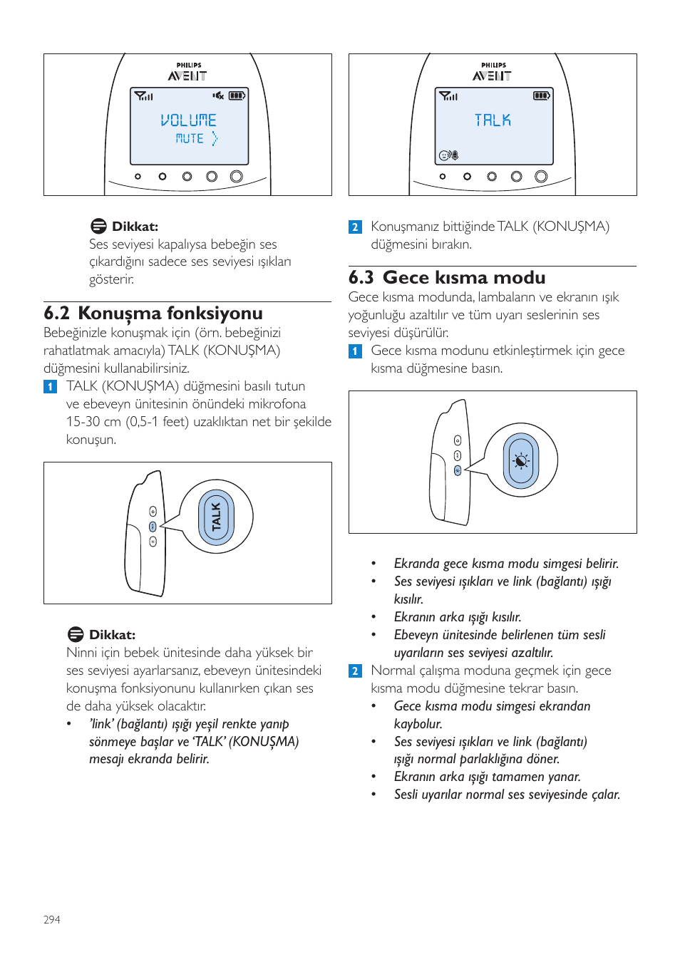 3 gece kısma modu, 2 konuşma fonksiyonu | Philips AVENT Écoute-bébé DECT User Manual | Page 294 / 328