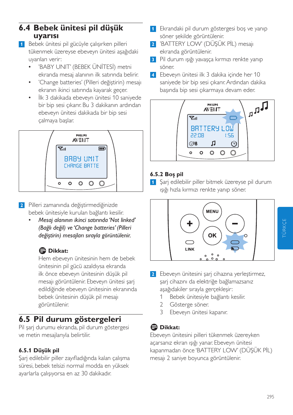 4 bebek ünitesi pil düşük uyarısı, 5 pil durum göstergeleri | Philips AVENT Écoute-bébé DECT User Manual | Page 295 / 328