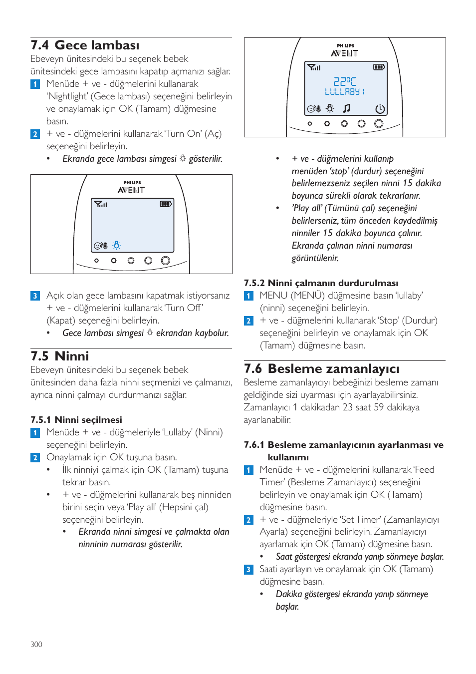 6 besleme zamanlayıcı, 4 gece lambası, 5 ninni | Philips AVENT Écoute-bébé DECT User Manual | Page 300 / 328