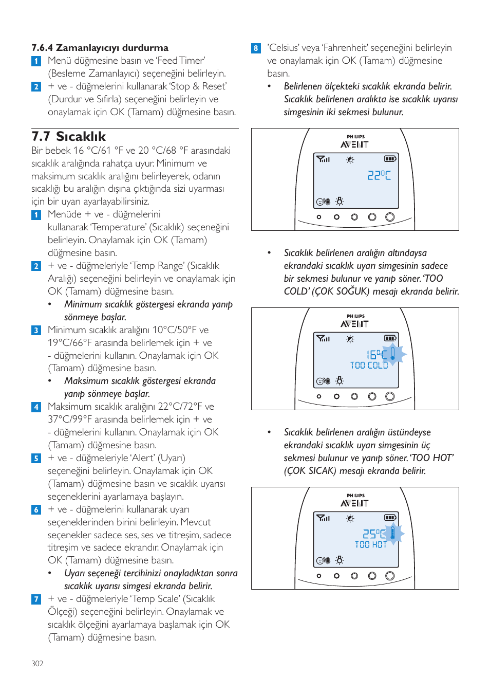 7 sıcaklık | Philips AVENT Écoute-bébé DECT User Manual | Page 302 / 328