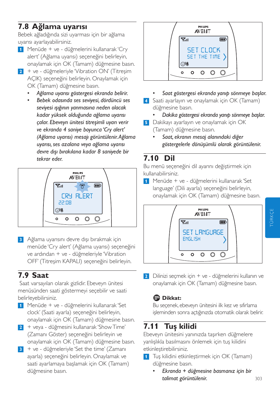 10 dil, 11 tuş kilidi, 8 ağlama uyarısı | 9 saat | Philips AVENT Écoute-bébé DECT User Manual | Page 303 / 328