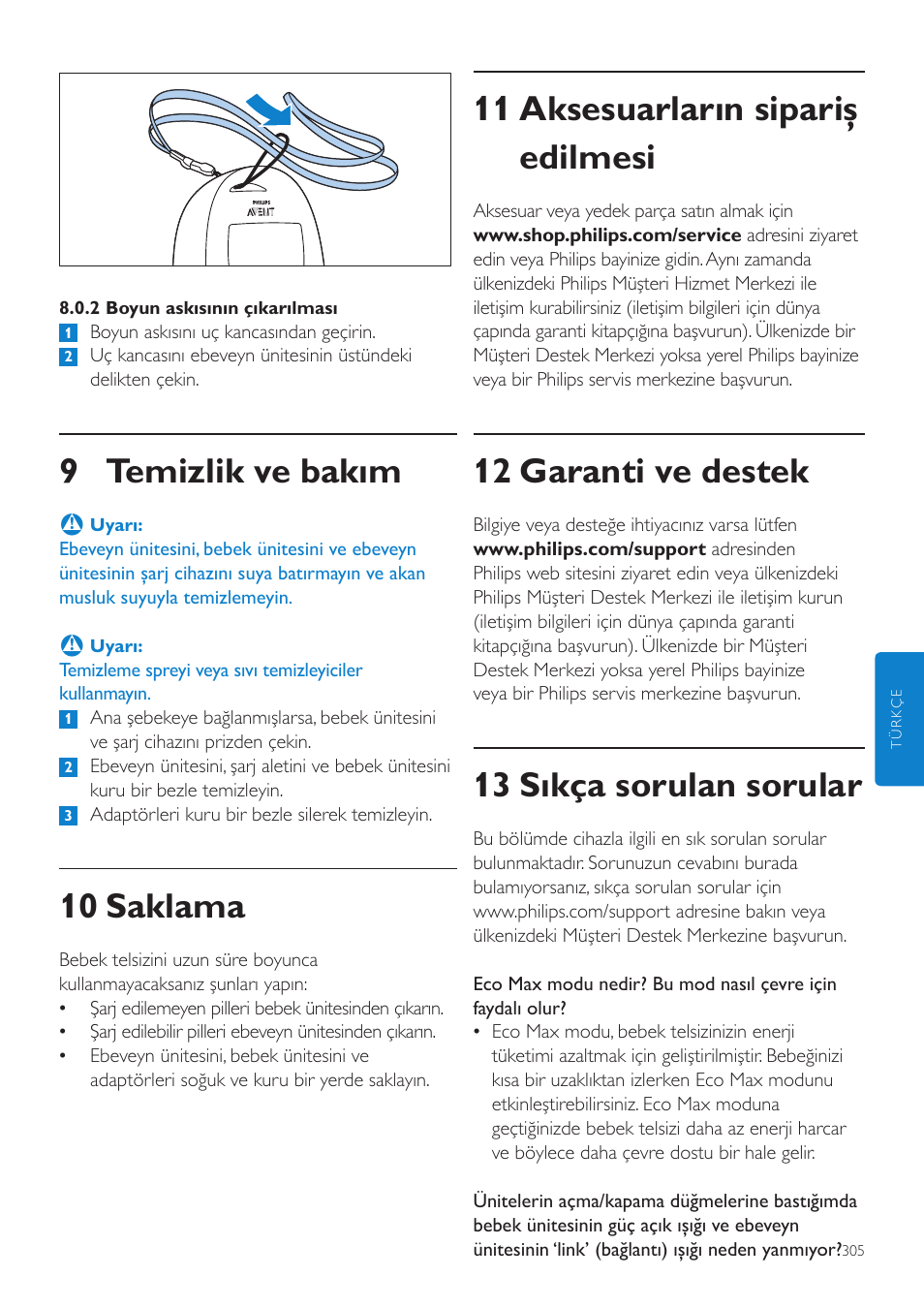 11 aksesuarların sipariş edilmesi, 12 garanti ve destek, 13 sıkça sorulan sorular | 9 temizlik ve bakım, 10 saklama | Philips AVENT Écoute-bébé DECT User Manual | Page 305 / 328