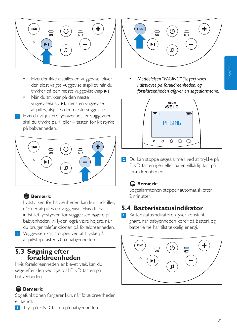 4 batteristatusindikator, 3 søgning efter forældreenheden | Philips AVENT Écoute-bébé DECT User Manual | Page 31 / 328