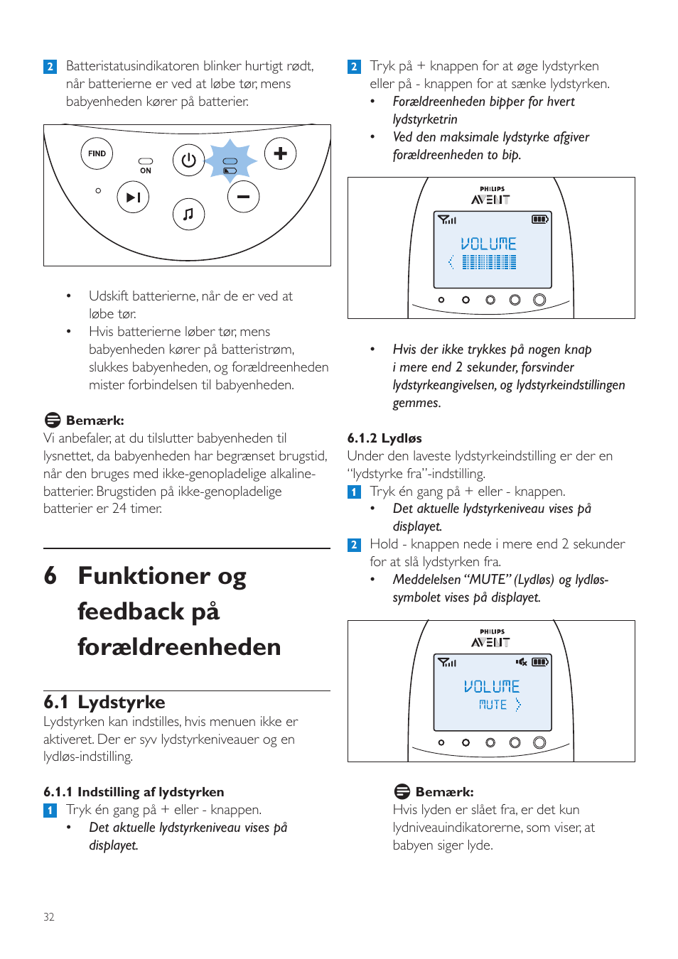 6 funktioner og feedback på forældreenheden, 1 lydstyrke | Philips AVENT Écoute-bébé DECT User Manual | Page 32 / 328