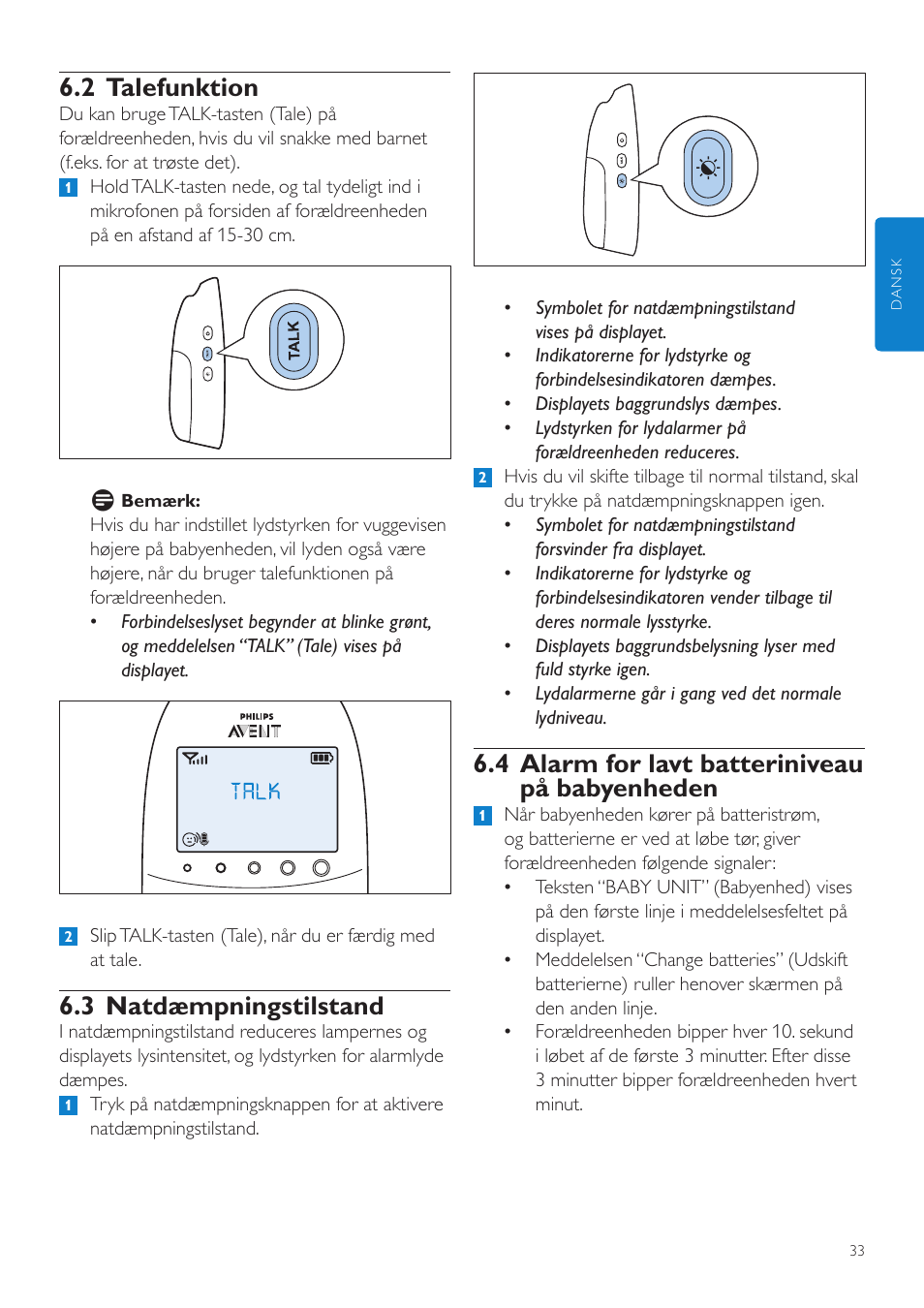 4 alarm for lavt batteriniveau på babyenheden, 2 talefunktion, 3 natdæmpningstilstand | Philips AVENT Écoute-bébé DECT User Manual | Page 33 / 328