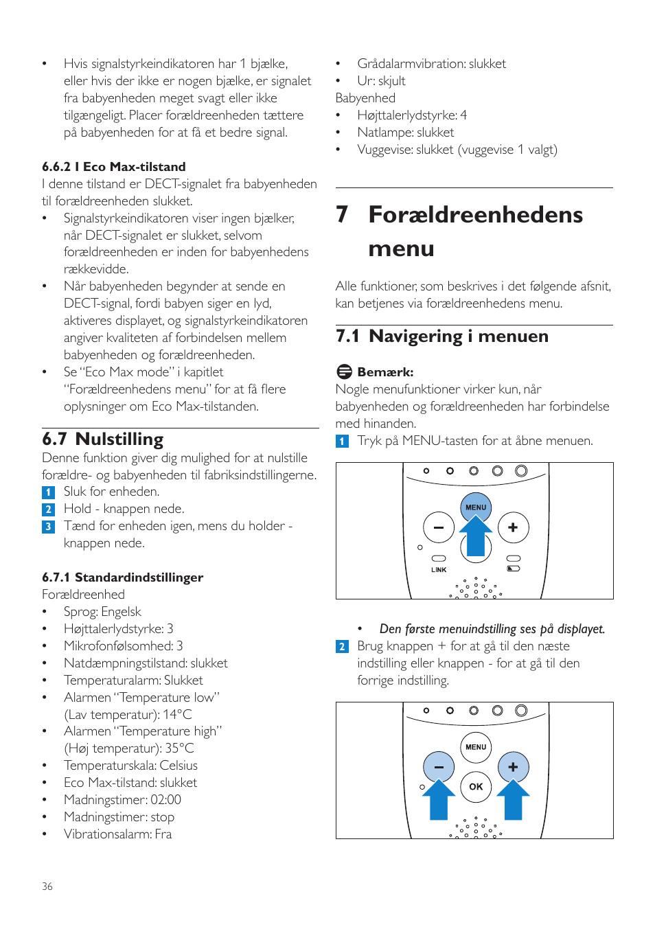 7 forældreenhedens menu, 1 navigering i menuen, 7 nulstilling | Philips AVENT Écoute-bébé DECT User Manual | Page 36 / 328