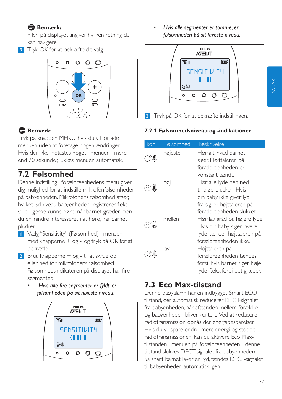 3 eco max-tilstand, 2 følsomhed | Philips AVENT Écoute-bébé DECT User Manual | Page 37 / 328