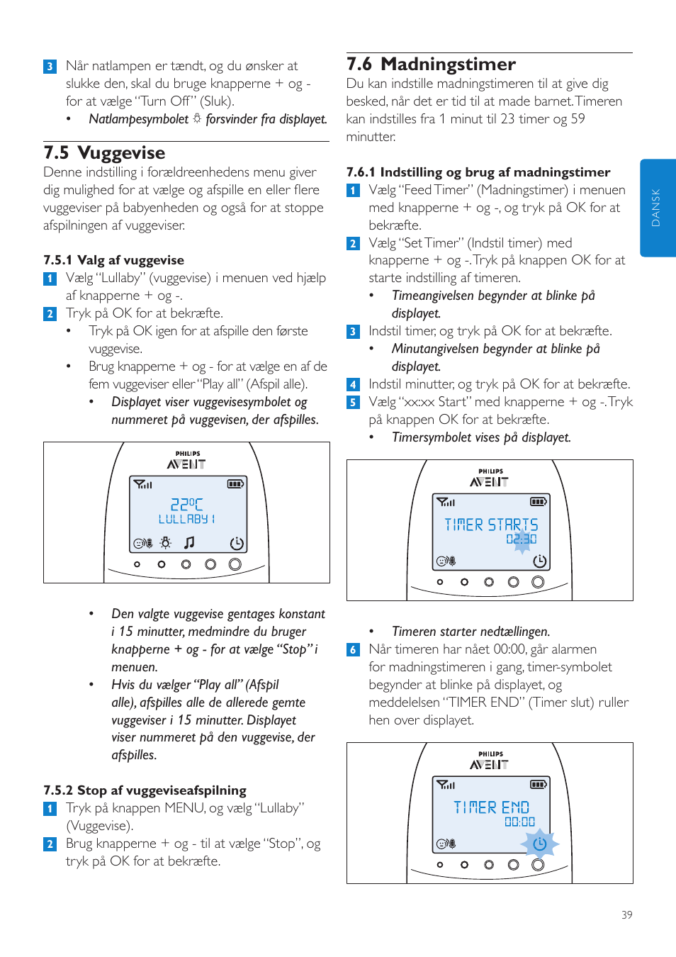 6 madningstimer, 5 vuggevise | Philips AVENT Écoute-bébé DECT User Manual | Page 39 / 328