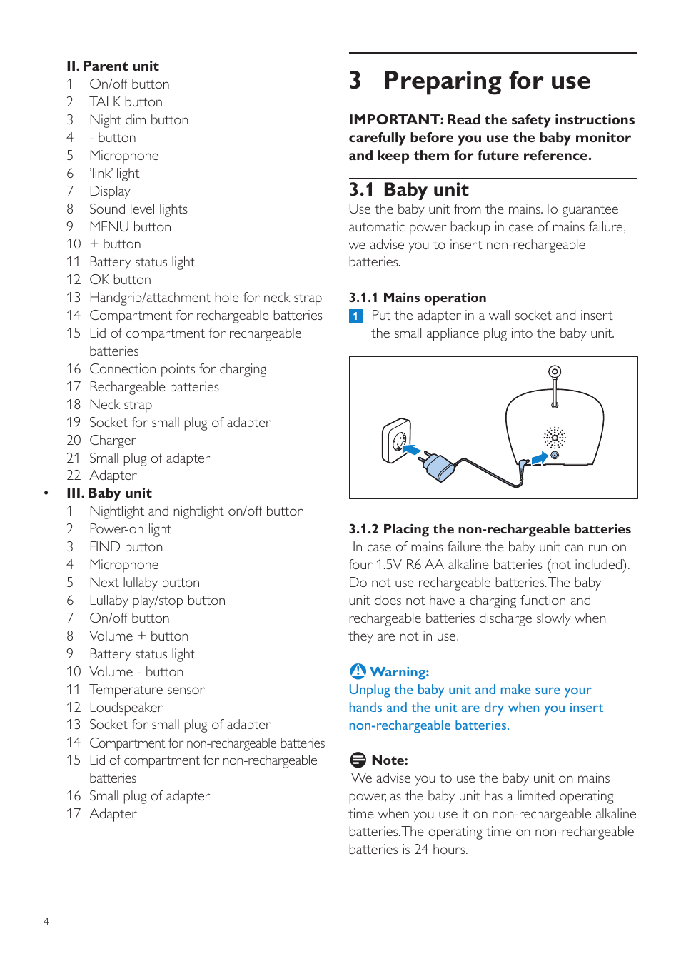 3 preparing for use, 1 baby unit | Philips AVENT Écoute-bébé DECT User Manual | Page 4 / 328