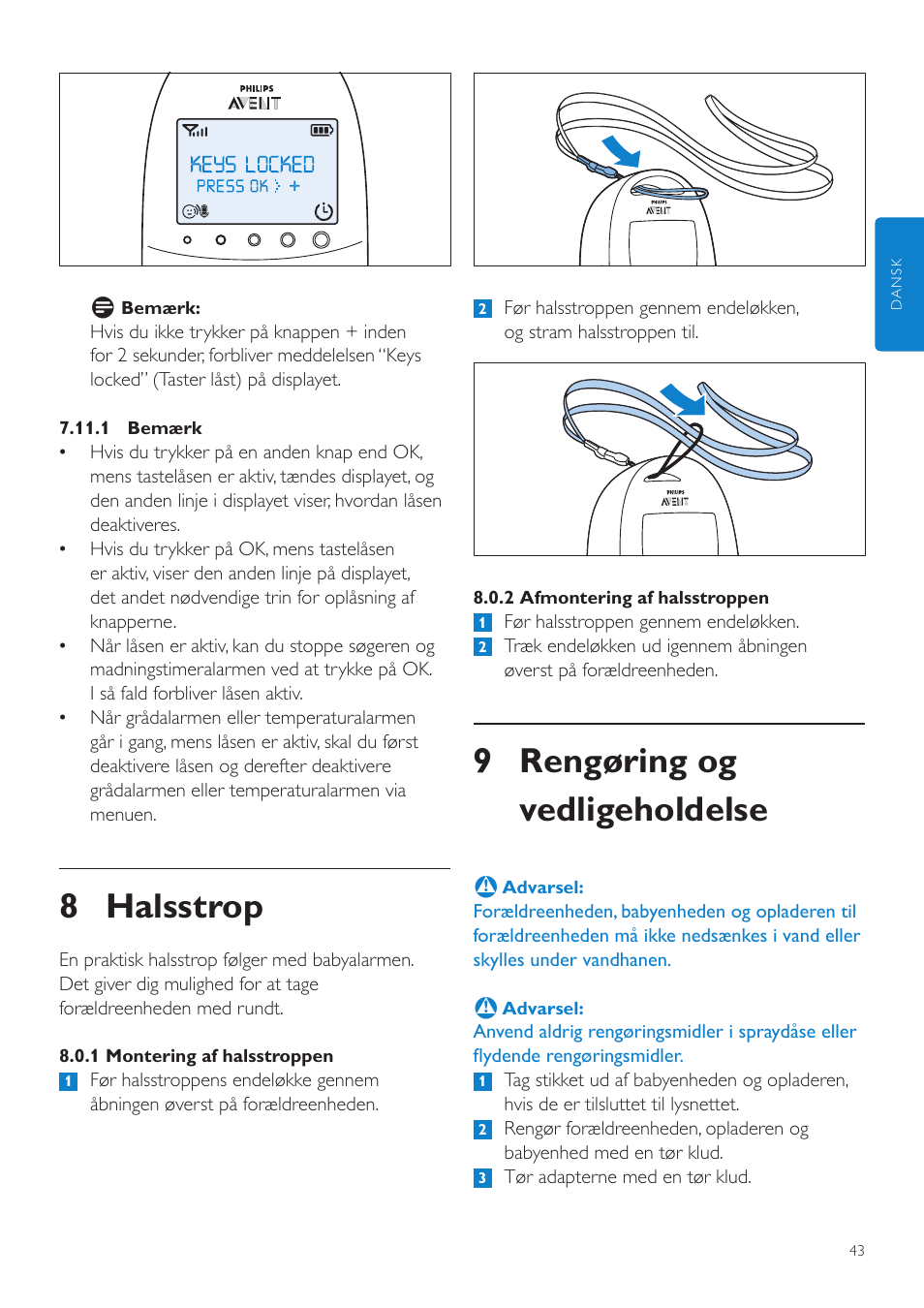 9 rengøring og vedligeholdelse, 8 halsstrop | Philips AVENT Écoute-bébé DECT User Manual | Page 43 / 328