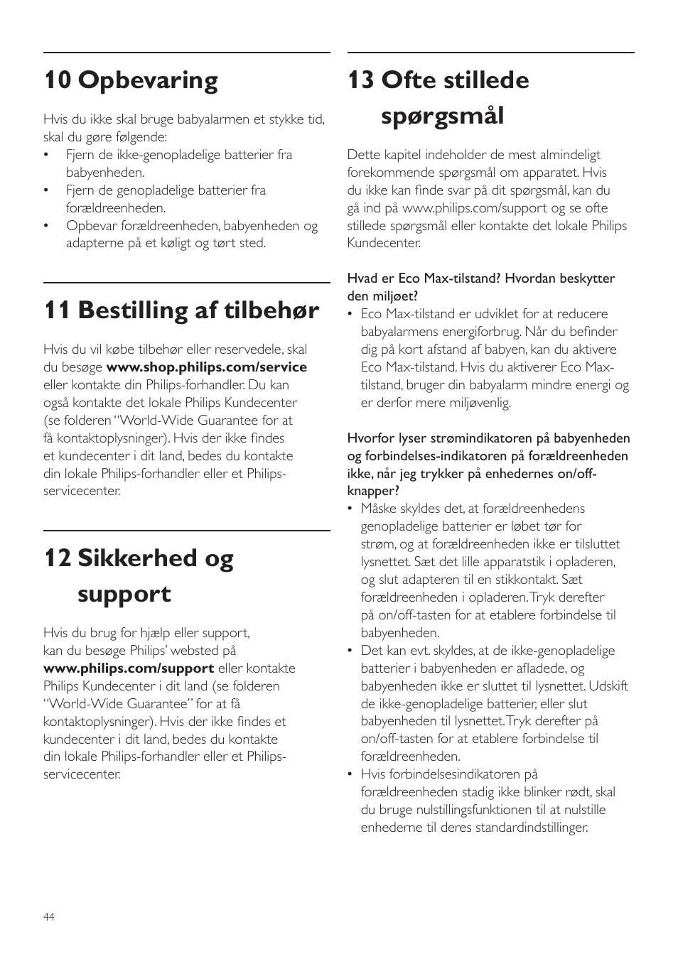 13 ofte stillede spørgsmål, 10 opbevaring, 11 bestilling af tilbehør | 12 sikkerhed og support | Philips AVENT Écoute-bébé DECT User Manual | Page 44 / 328