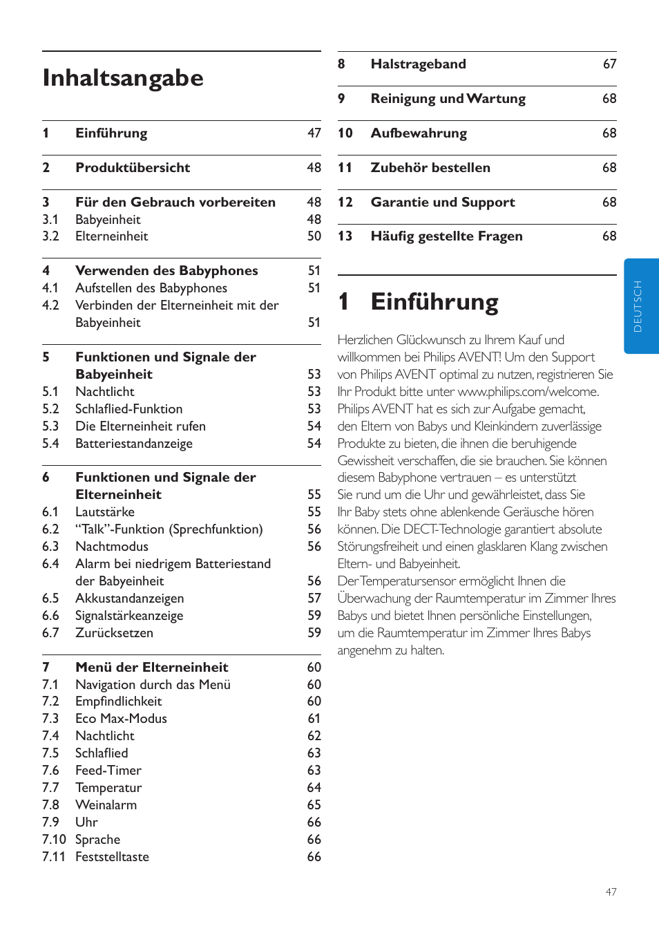 Deutsch, Benutzerhandbuch, 1 einführung | Inhaltsangabe | Philips AVENT Écoute-bébé DECT User Manual | Page 47 / 328