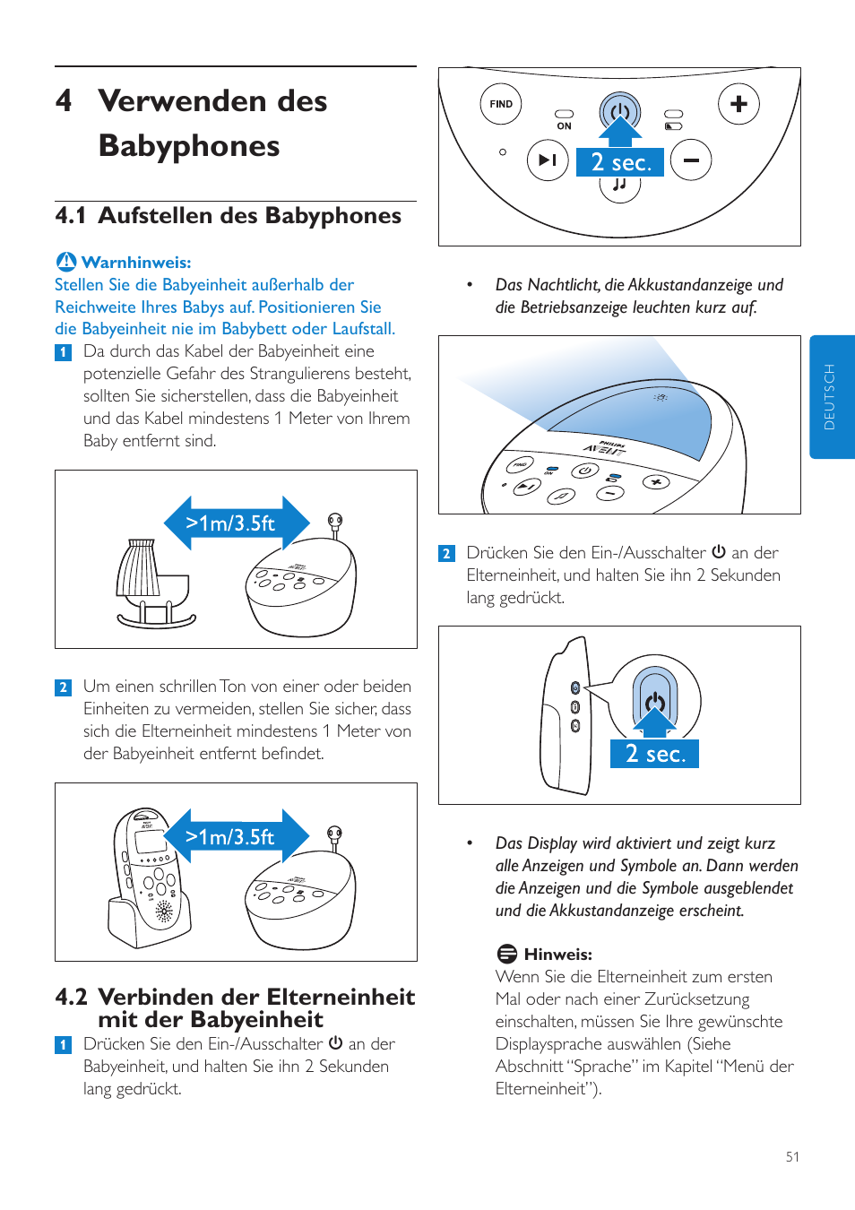 4 verwenden des babyphones, 1 aufstellen des babyphones, 2 verbinden der elterneinheit mit der babyeinheit | Philips AVENT Écoute-bébé DECT User Manual | Page 51 / 328