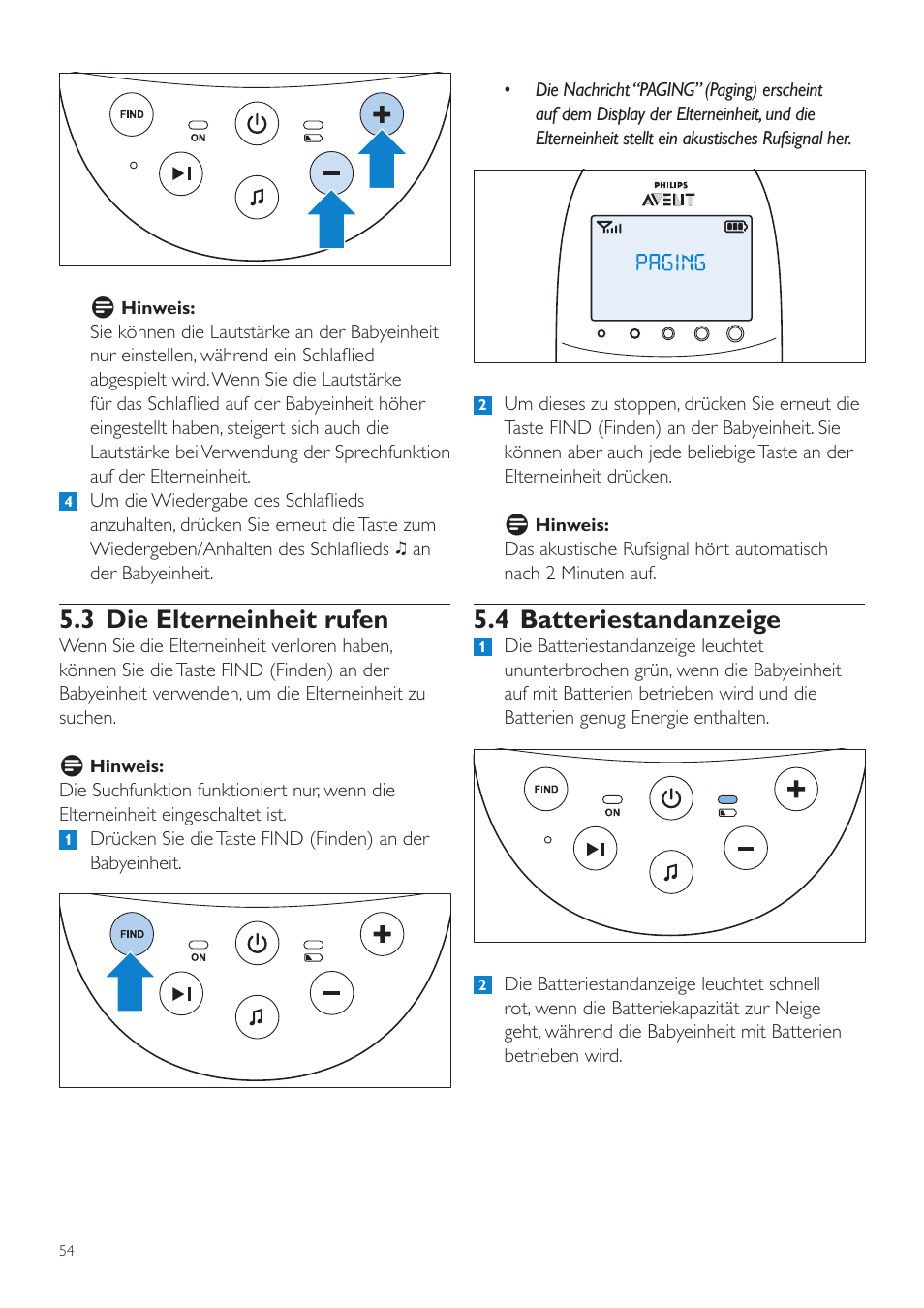 4 batteriestandanzeige, 3 die elterneinheit rufen | Philips AVENT Écoute-bébé DECT User Manual | Page 54 / 328