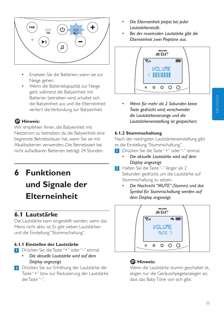 6 funktionen und signale der elterneinheit, 1 lautstärke | Philips AVENT Écoute-bébé DECT User Manual | Page 55 / 328