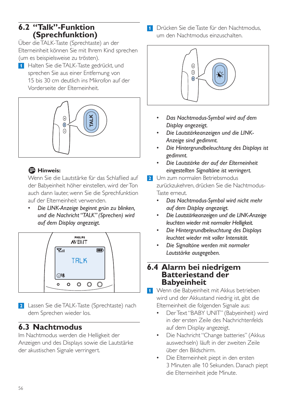 2 “talk”-funktion (sprechfunktion), 3 nachtmodus | Philips AVENT Écoute-bébé DECT User Manual | Page 56 / 328