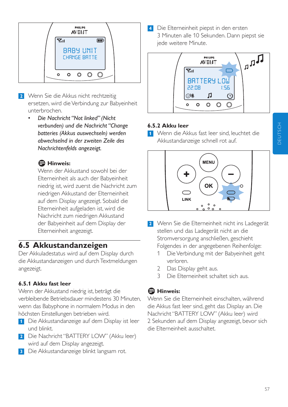 5 akkustandanzeigen | Philips AVENT Écoute-bébé DECT User Manual | Page 57 / 328