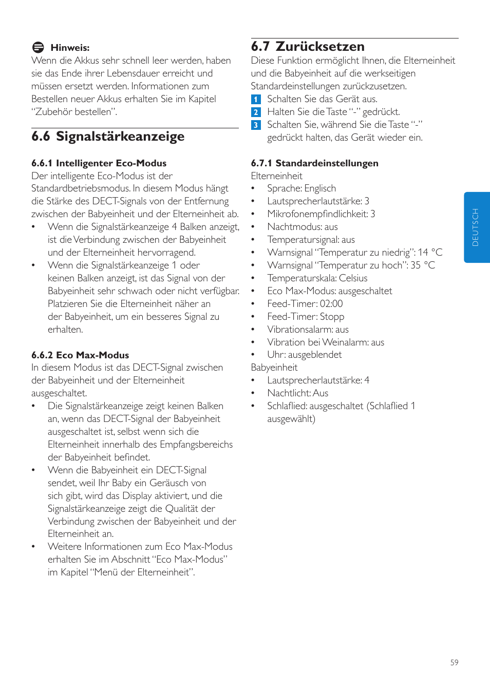 7 zurücksetzen, 6 signalstärkeanzeige | Philips AVENT Écoute-bébé DECT User Manual | Page 59 / 328