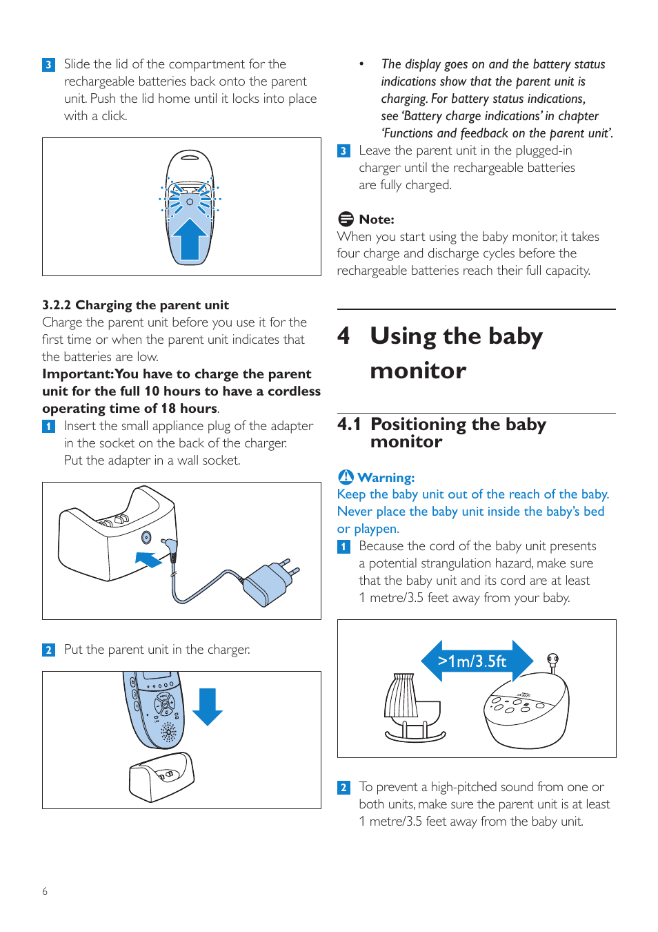 4 using the baby monitor, 1 positioning the baby monitor | Philips AVENT Écoute-bébé DECT User Manual | Page 6 / 328