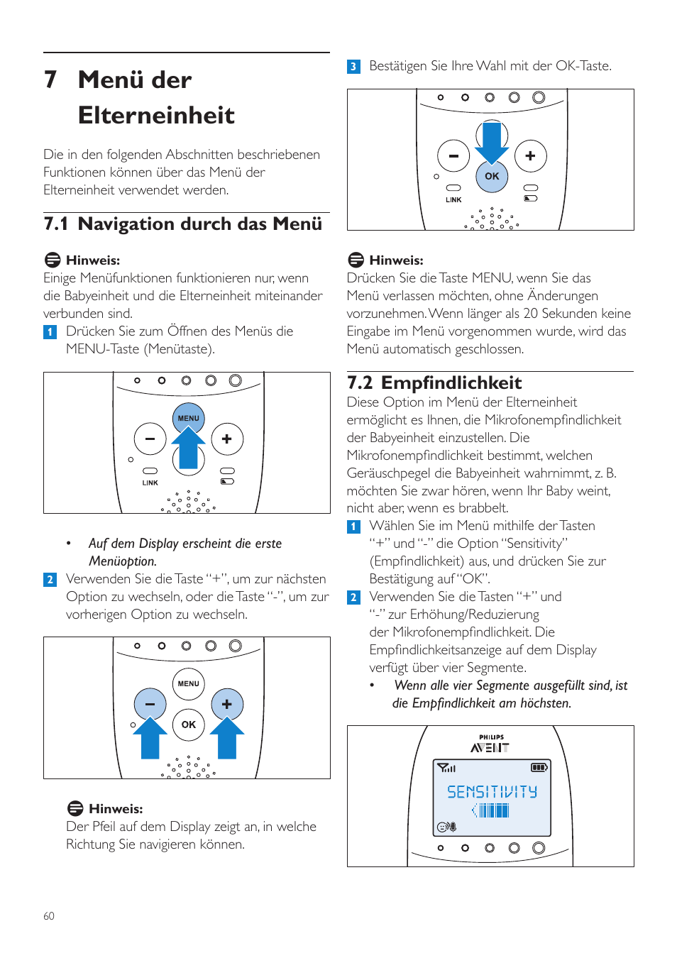 7 menü der elterneinheit, 2 empfindlichkeit, 1 navigation durch das menü | Philips AVENT Écoute-bébé DECT User Manual | Page 60 / 328