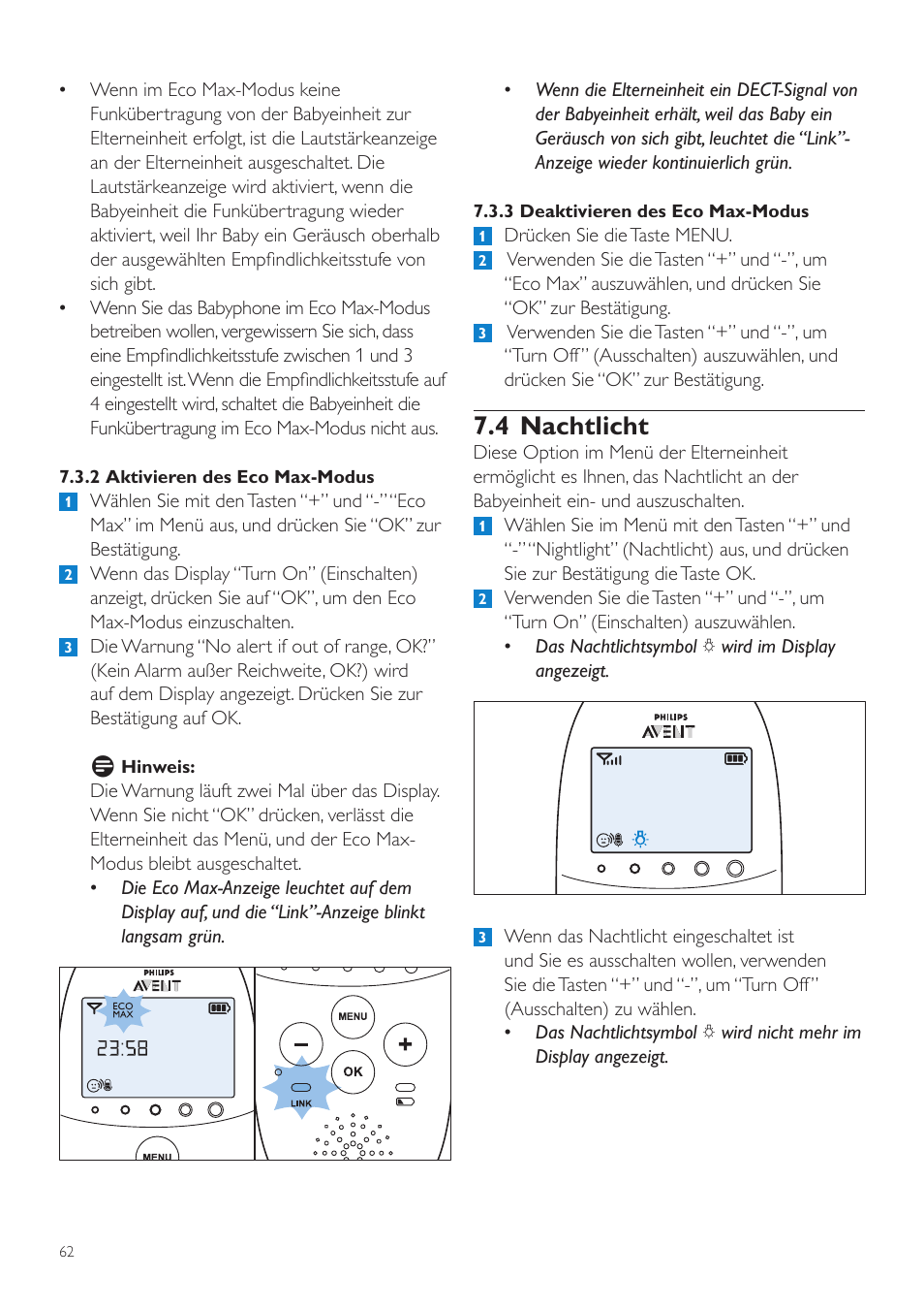 4 nachtlicht | Philips AVENT Écoute-bébé DECT User Manual | Page 62 / 328