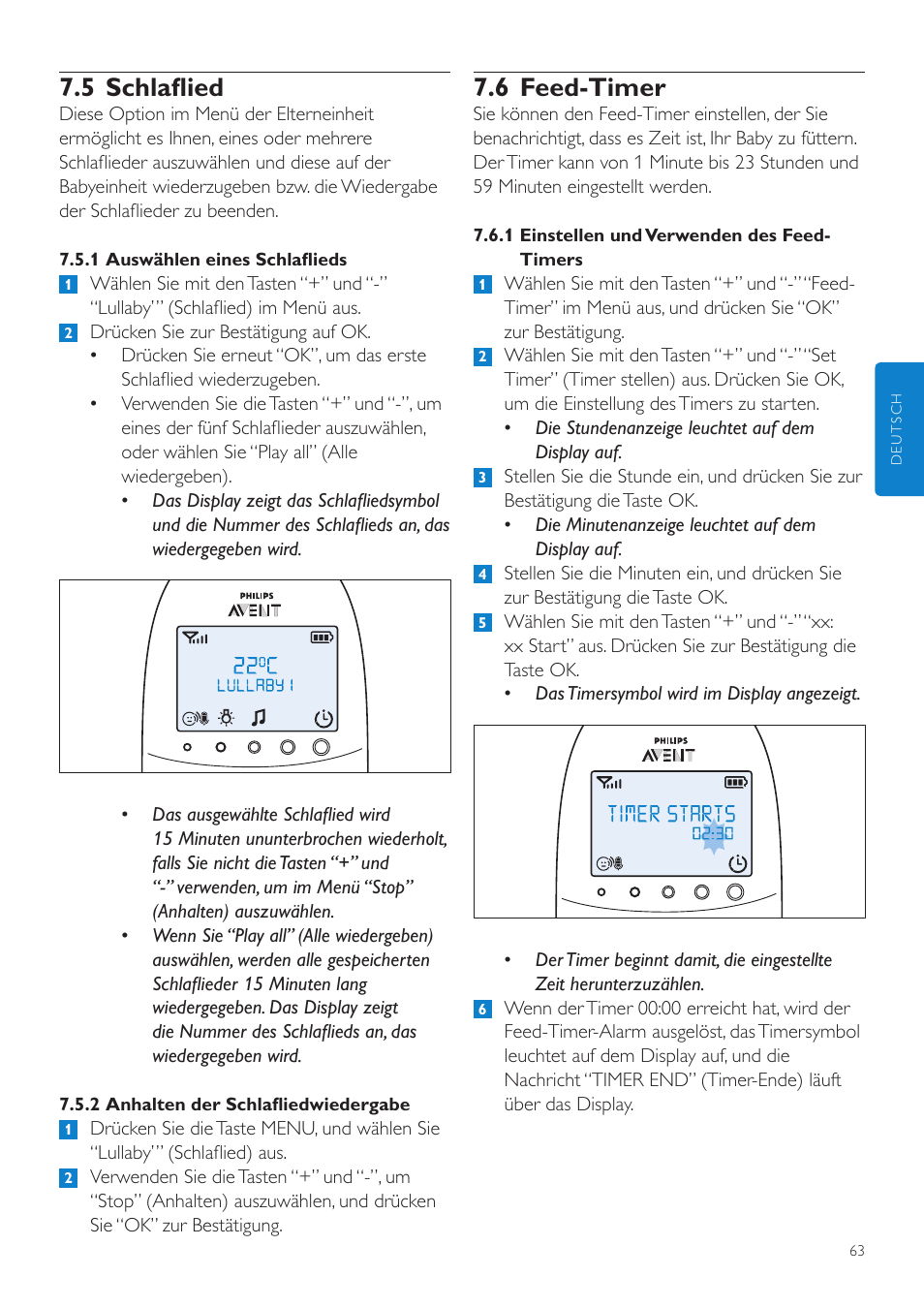 6 feed-timer, 5 schlaflied | Philips AVENT Écoute-bébé DECT User Manual | Page 63 / 328