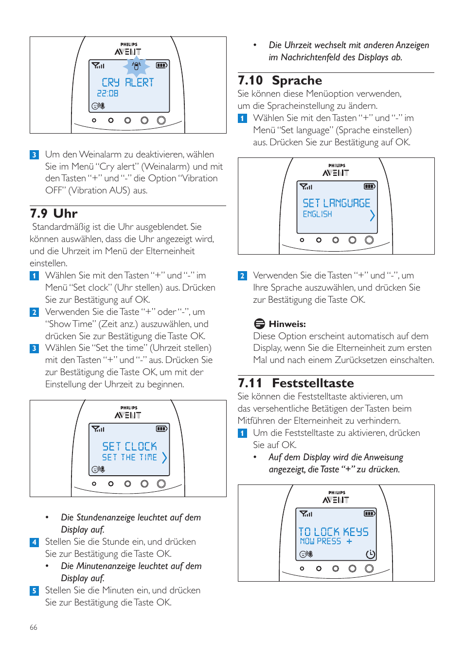 10 sprache, 11 feststelltaste, 9 uhr | Philips AVENT Écoute-bébé DECT User Manual | Page 66 / 328