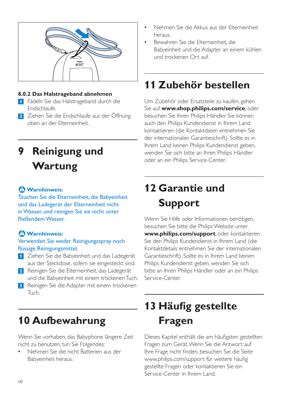 11 zubehör bestellen, 12 garantie und support, 13 häufig gestellte fragen | 9 reinigung und wartung, 10 aufbewahrung | Philips AVENT Écoute-bébé DECT User Manual | Page 68 / 328